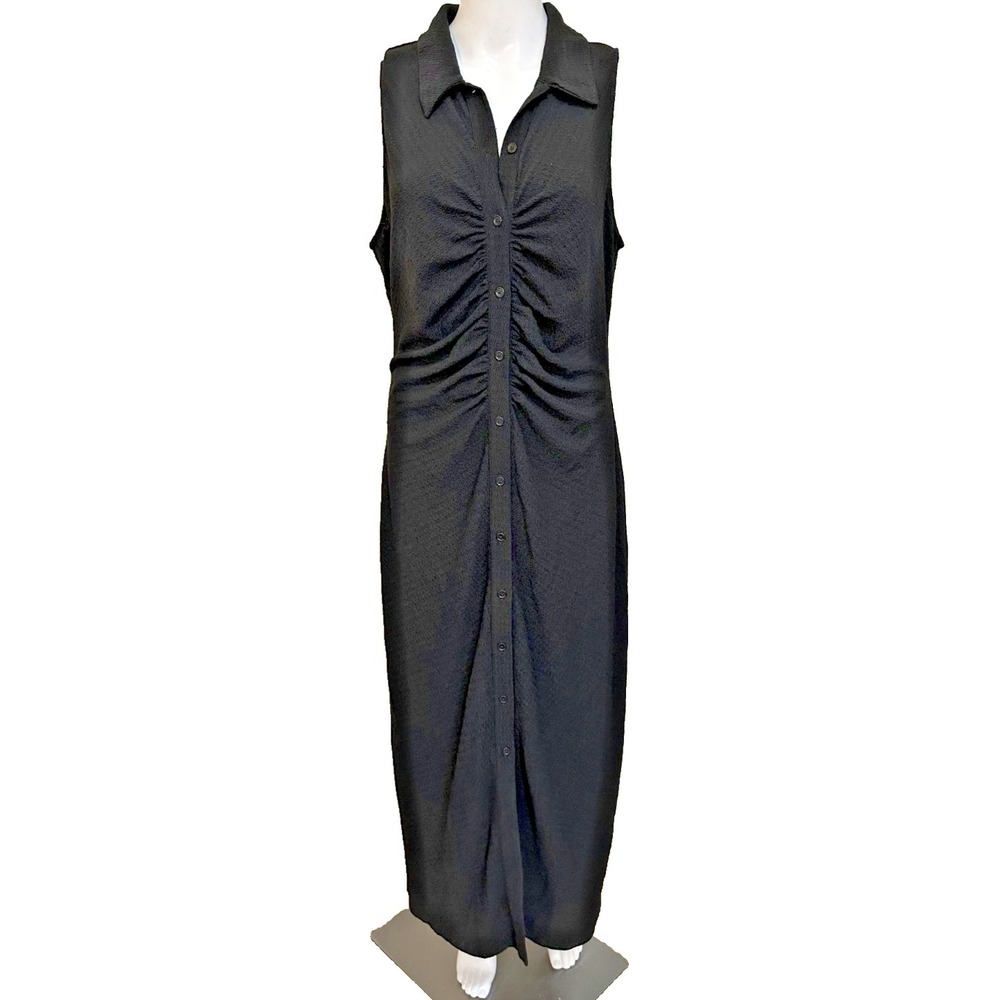 Reformation L Black Midi Dress Ruched Button Up‎ Sleeveless Collared Minimalist